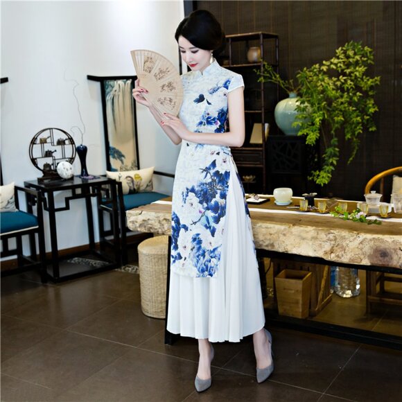 NWT Ethnic Style Ao Dai Vietnamese Dress Short Sleeve Qipao, Chinese Cheongsam M - Picture 1 of 12